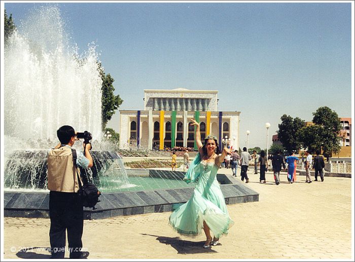 Gülay Princess posing in front of Samarkand's concert hall (1997)